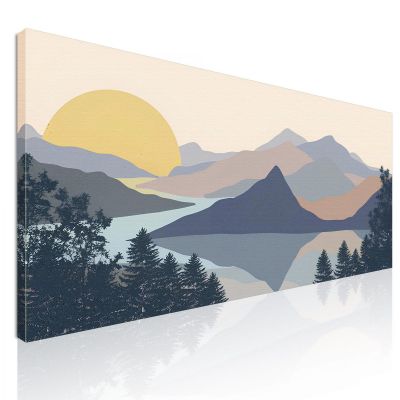 Quadro Boho Chic Illustrazione Paesaggio Montagne Sul Lago Con Pineta Verde bol26 quadro stampa su tela