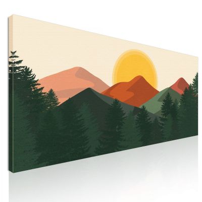 Quadro Boho Chic Illustrazione Paesaggio Montagne Arancioni Con Colline E Pini Verdi bol27 quadro stampa su tela