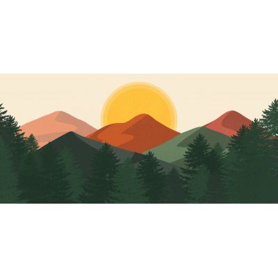 Illustration De Paysage De Peinture Boho Chic Montagnes Orange Avec Collines Et Pins Verts , bol27 tableau impression sur toile