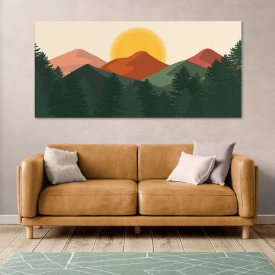 Quadro Boho Chic Illustrazione Paesaggio Montagne Arancioni Con Colline E Pini Verdi bol27 quadro stampa su tela