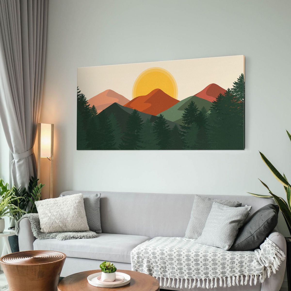 Quadro Boho Chic Illustrazione Paesaggio Montagne Arancioni Con Colline E Pini Verdi bol27 quadro stampa su tela