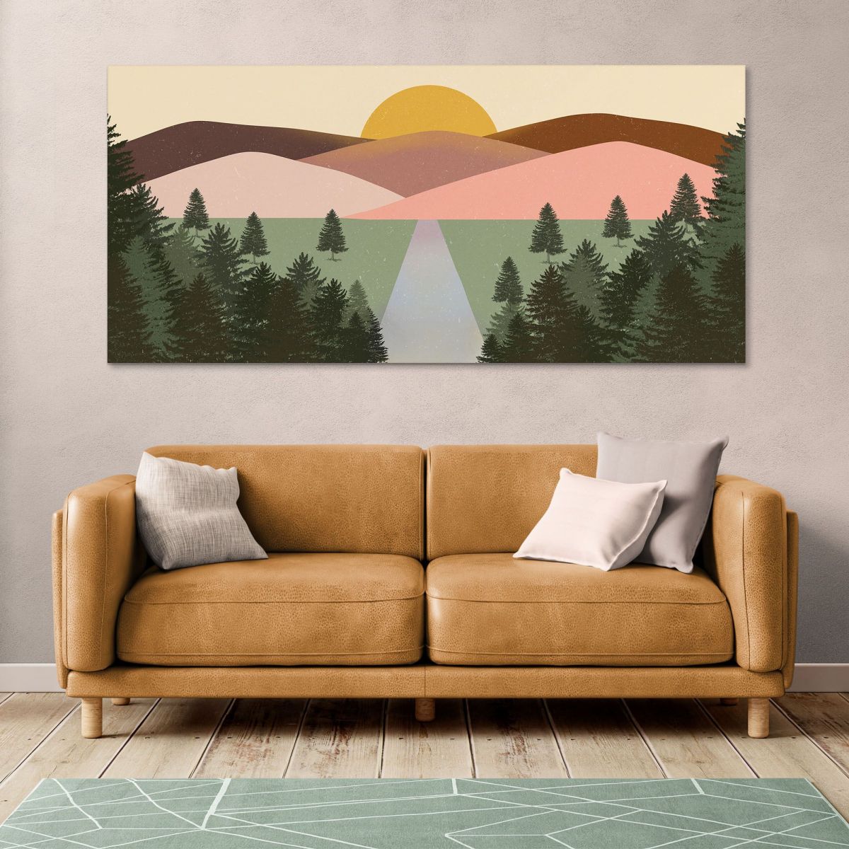 Quadro Boho Chic Illustrazione Paesaggio Paesaggio Montuoso Colorato Con Foresta E Tramonto bol28 quadro stampa su tela