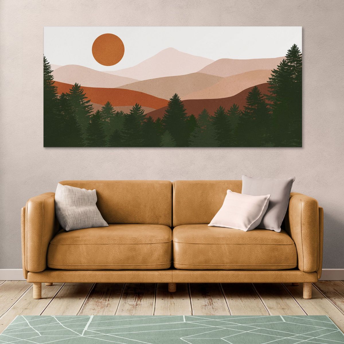 Quadro Boho Chic Illustrazione Paesaggio Paesaggio Montuoso Con Sole E Foresta bol30 quadro stampa su tela