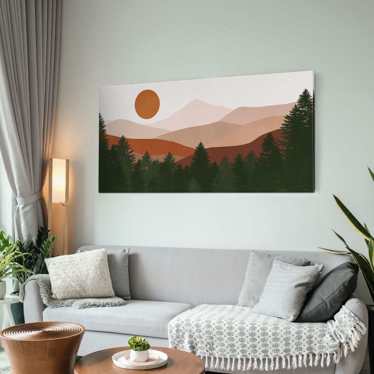 Quadro Boho Chic Illustrazione Paesaggio Paesaggio Montuoso Con Sole E Foresta bol30 quadro stampa su tela