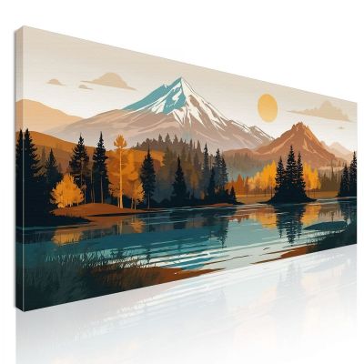 Quadro Boho Chic Illustrazione Paesaggio Paesaggio Montuoso Con Sole Foresta E Lago bol31 quadro stampa su tela