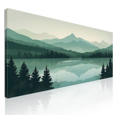 Quadro Boho Chic Illustrazione Paesaggio Montagne Verdi Con Lago E Foresta Al Tramonto bol33 quadro stampa su tela
