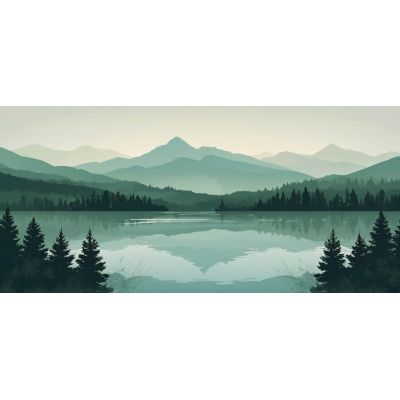 Quadro Boho Chic Illustrazione Paesaggio Montagne Verdi Con Lago E Foresta Al Tramonto bol33 quadro stampa su tela