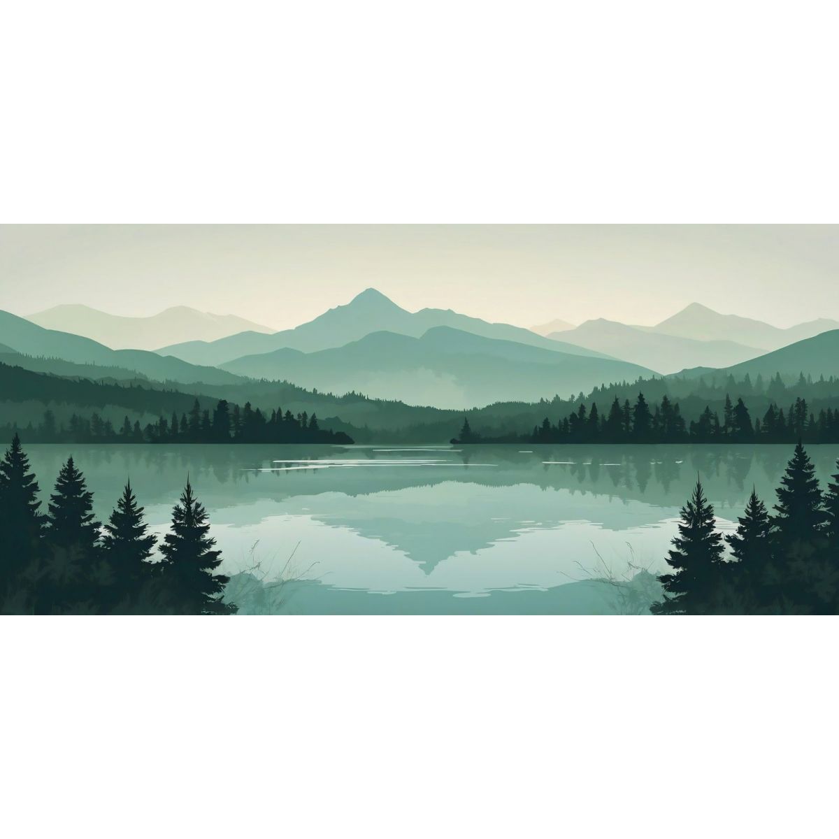 Quadro Boho Chic Illustrazione Paesaggio Montagne Verdi Con Lago E Foresta Al Tramonto bol33 quadro stampa su tela