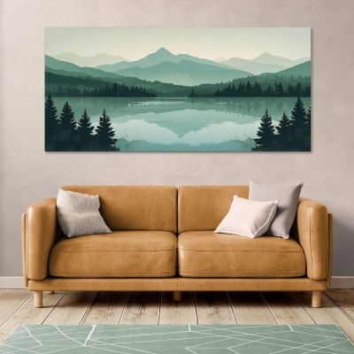 Quadro Boho Chic Illustrazione Paesaggio Montagne Verdi Con Lago E Foresta Al Tramonto bol33 quadro stampa su tela