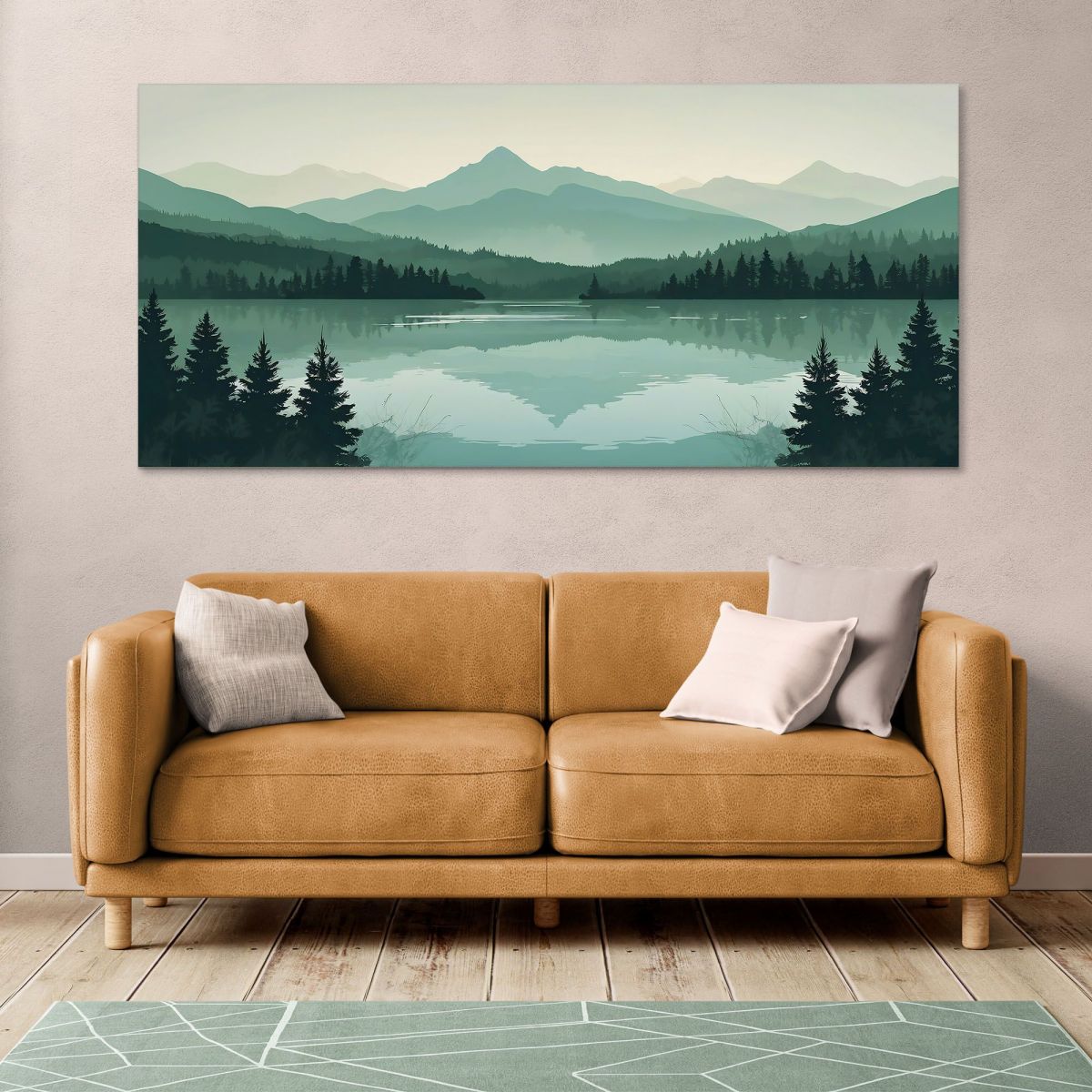 Quadro Boho Chic Illustrazione Paesaggio Montagne Verdi Con Lago E Foresta Al Tramonto bol33 quadro stampa su tela