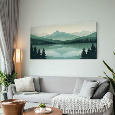 Quadro Boho Chic Illustrazione Paesaggio Montagne Verdi Con Lago E Foresta Al Tramonto bol33 quadro stampa su tela