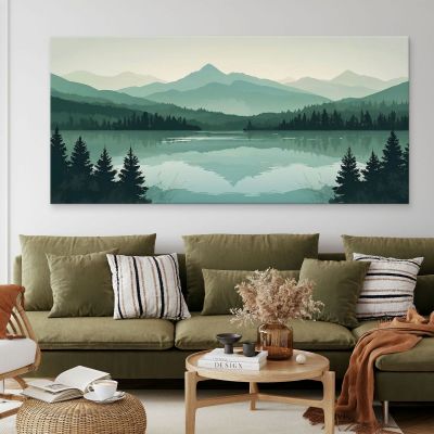 Quadro Boho Chic Illustrazione Paesaggio Montagne Verdi Con Lago E Foresta Al Tramonto bol33 quadro stampa su tela