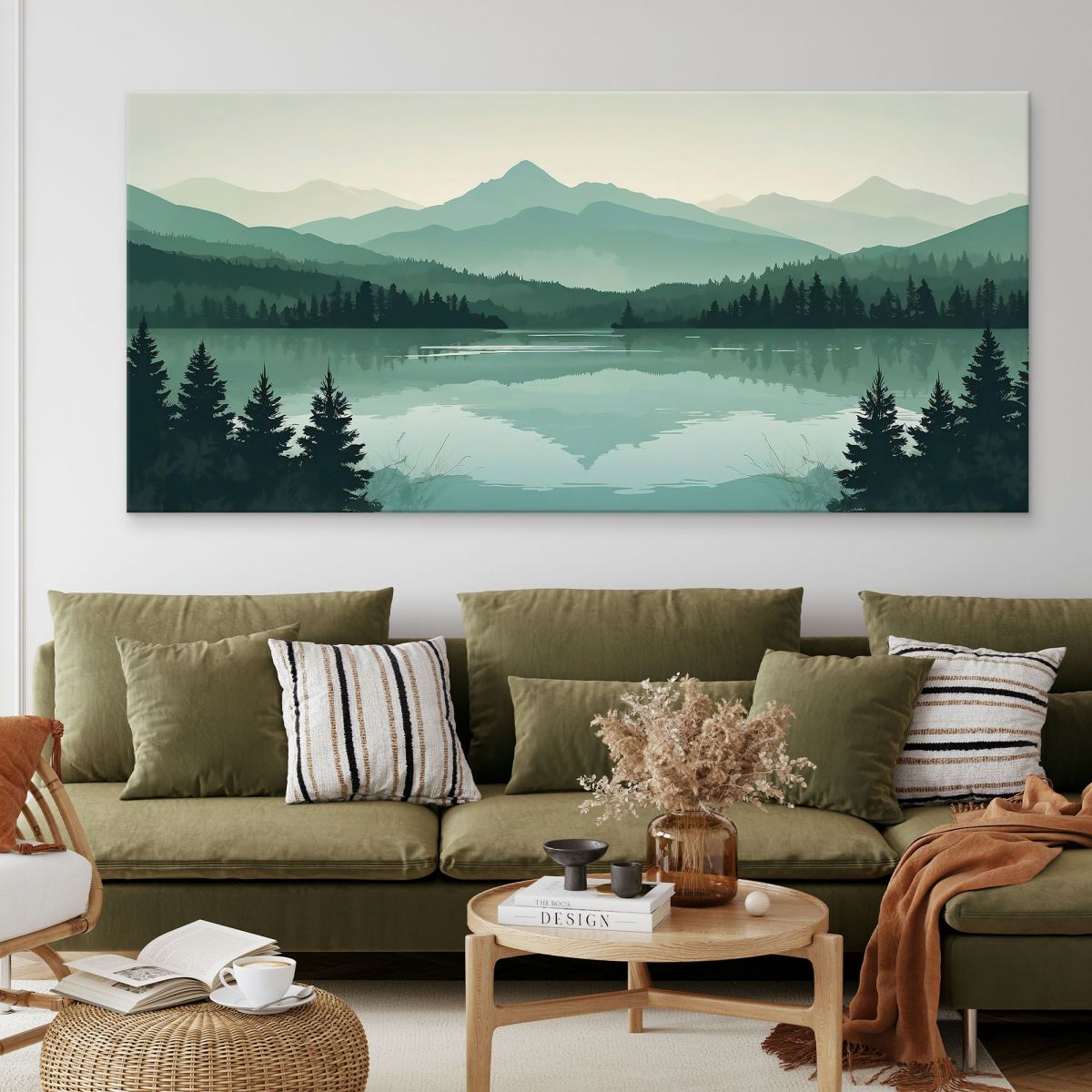 Quadro Boho Chic Illustrazione Paesaggio Montagne Verdi Con Lago E Foresta Al Tramonto bol33 quadro stampa su tela