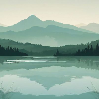 Quadro Boho Chic Illustrazione Paesaggio Montagne Verdi Con Lago E Foresta Al Tramonto bol33 quadro stampa su tela