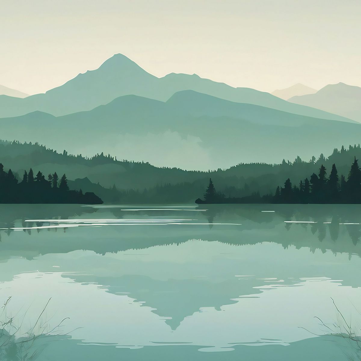 Quadro Boho Chic Illustrazione Paesaggio Montagne Verdi Con Lago E Foresta Al Tramonto bol33 quadro stampa su tela