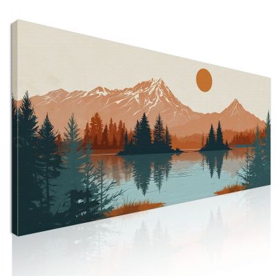 Quadro Boho Chic Illustrazione Paesaggio Montagne Riflesse Nel Lago Al Tramonto bol34 quadro stampa su tela