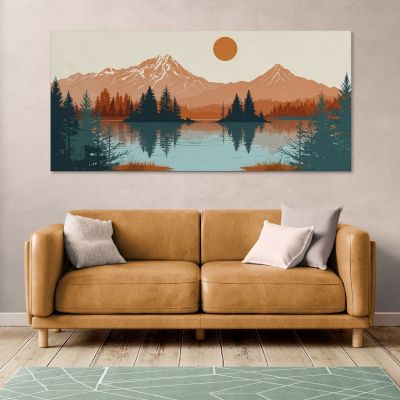 Quadro Boho Chic Illustrazione Paesaggio Montagne Riflesse Nel Lago Al Tramonto bol34 quadro stampa su tela