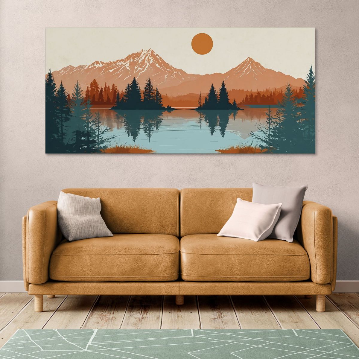 Quadro Boho Chic Illustrazione Paesaggio Montagne Riflesse Nel Lago Al Tramonto bol34 quadro stampa su tela