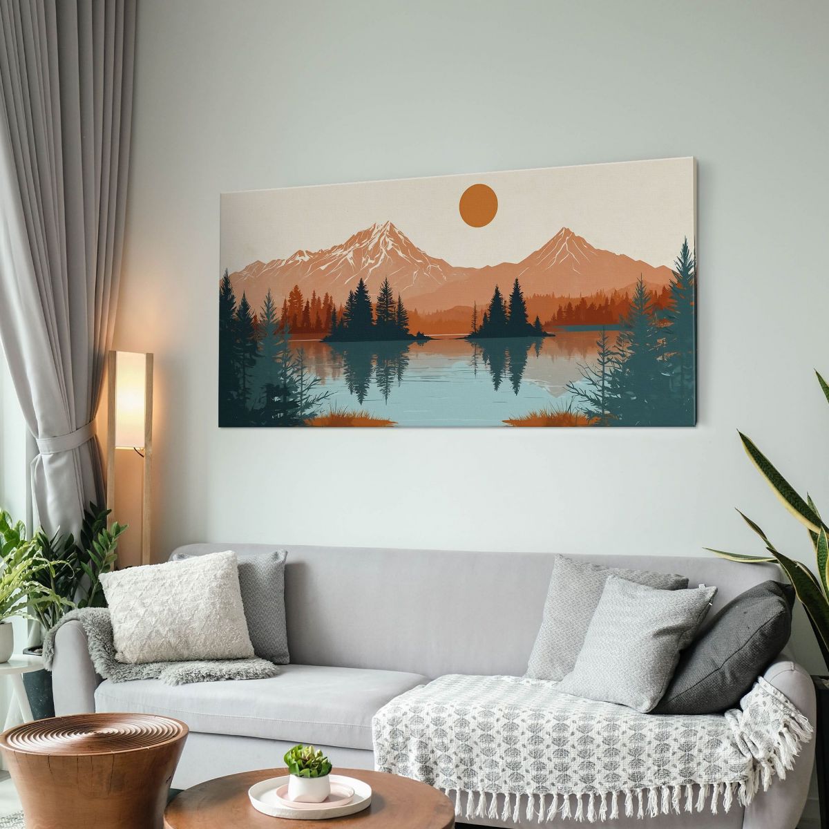 Quadro Boho Chic Illustrazione Paesaggio Montagne Riflesse Nel Lago Al Tramonto bol34 quadro stampa su tela