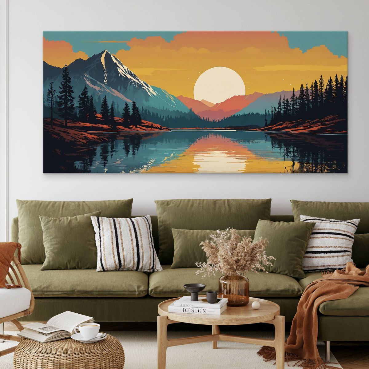 Quadro Boho Chic Illustrazione Paesaggio Montagna Al Tramonto Riflessa Nel Lago bol35 quadro stampa su tela