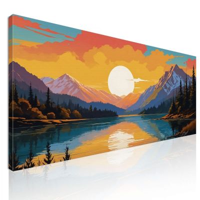 Quadro Boho Chic Illustrazione Paesaggio Montagna Innevata Al Tramonto Riflessa Nel Lago Con Alberi bol36 quadro stampa su tela