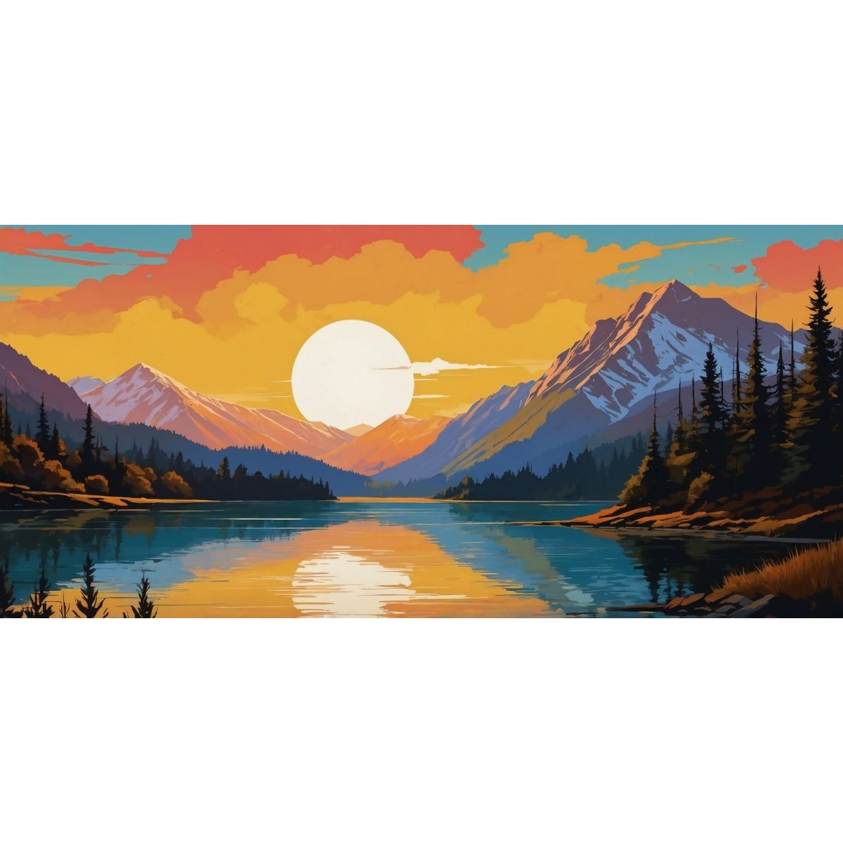 Quadro Boho Chic Illustrazione Paesaggio Montagna Innevata Al Tramonto Riflessa Nel Lago Con Alberi bol36 quadro stampa su tela