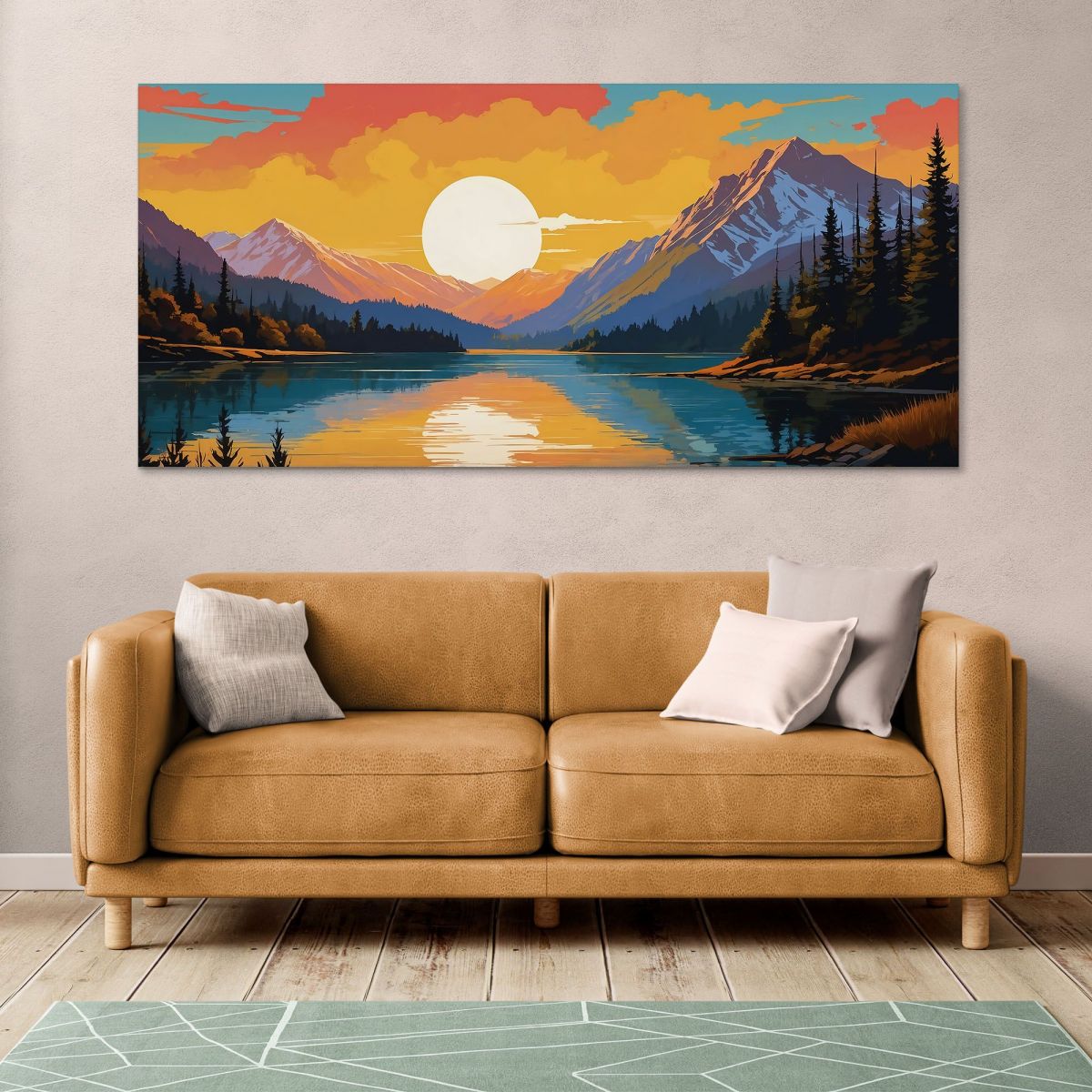 Quadro Boho Chic Illustrazione Paesaggio Montagna Innevata Al Tramonto Riflessa Nel Lago Con Alberi bol36 quadro stampa su tela