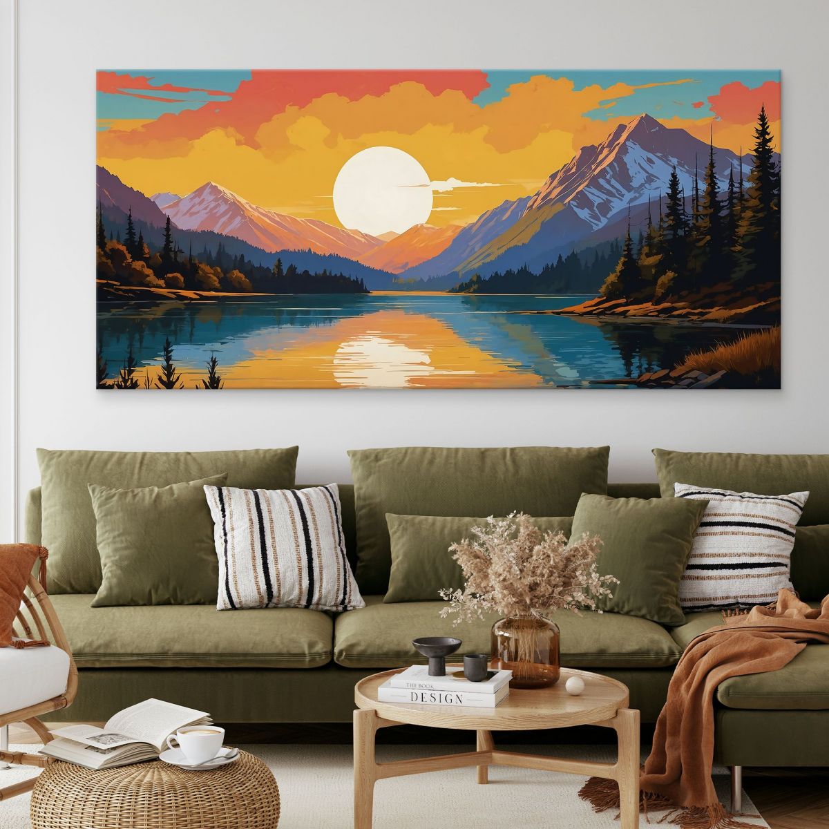 Quadro Boho Chic Illustrazione Paesaggio Montagna Innevata Al Tramonto Riflessa Nel Lago Con Alberi bol36 quadro stampa su tela