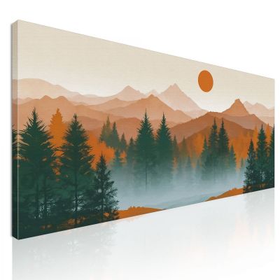 Quadro Boho Chic Illustrazione Paesaggio Tramonto Su Foresta E Montagne Con Pini E Nebbia bol38 quadro stampa su tela