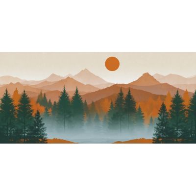 Quadro Boho Chic Illustrazione Paesaggio Tramonto Su Foresta E Montagne Con Pini E Nebbia bol38 quadro stampa su tela