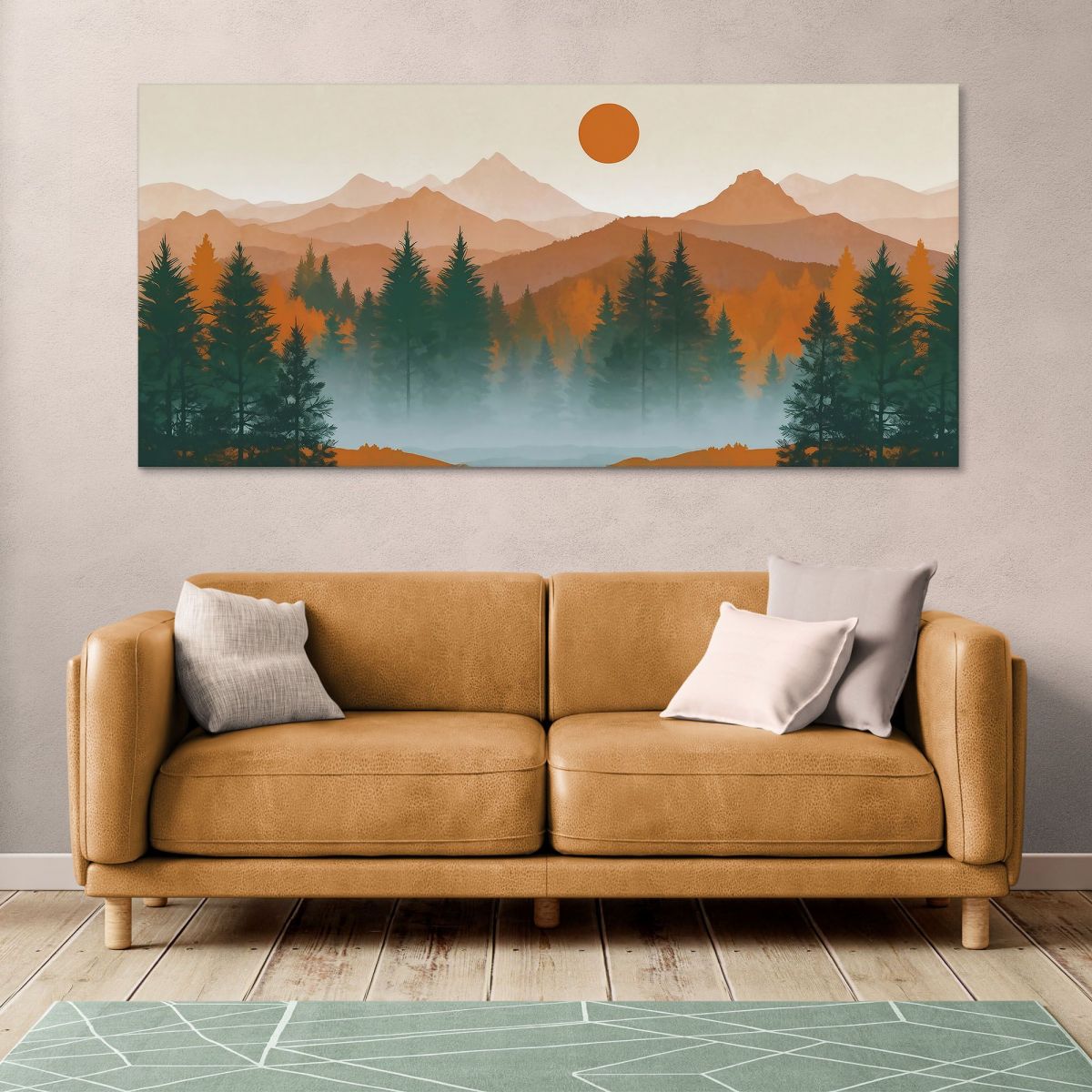 Quadro Boho Chic Illustrazione Paesaggio Tramonto Su Foresta E Montagne Con Pini E Nebbia bol38 quadro stampa su tela