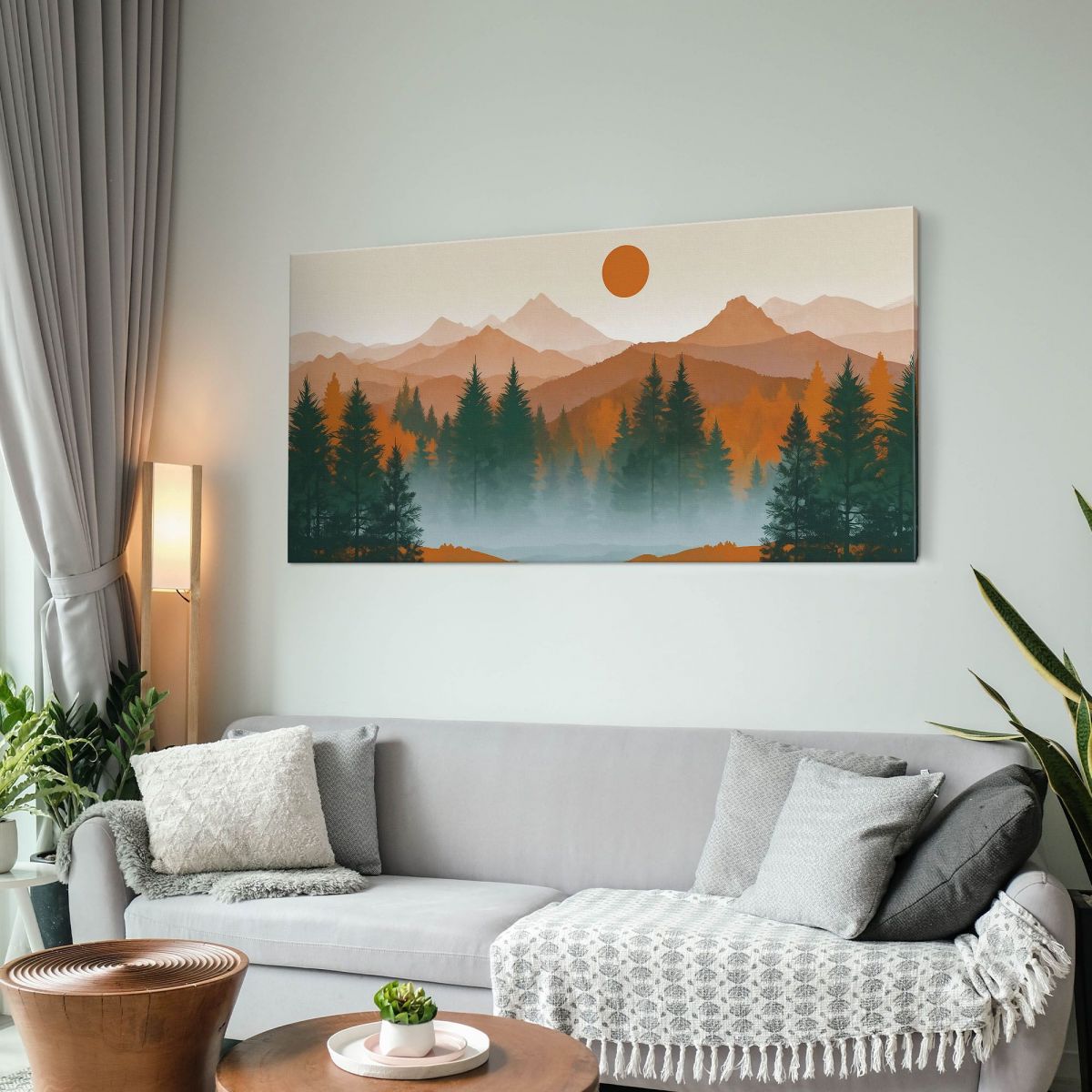 Quadro Boho Chic Illustrazione Paesaggio Tramonto Su Foresta E Montagne Con Pini E Nebbia bol38 quadro stampa su tela