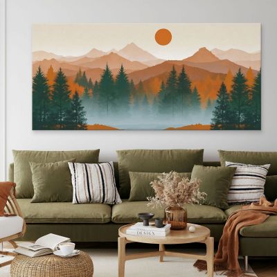 Quadro Boho Chic Illustrazione Paesaggio Tramonto Su Foresta E Montagne Con Pini E Nebbia bol38 quadro stampa su tela