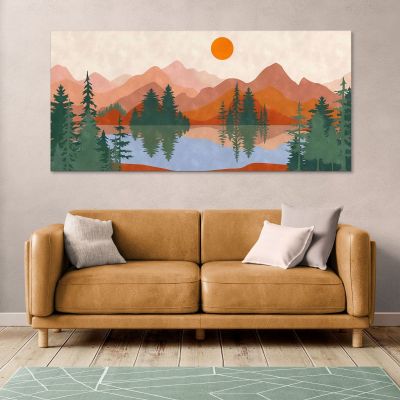 Quadro Boho Chic Illustrazione Paesaggio Tramonto Sul Lago Con Montagne E Alberi bol40 quadro stampa su tela