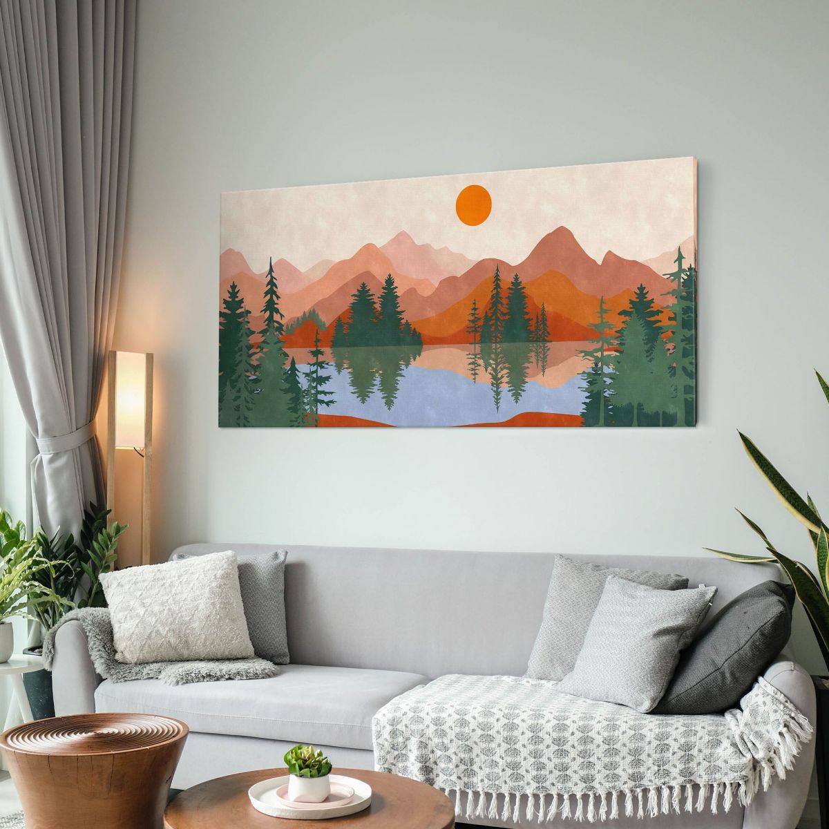 Quadro Boho Chic Illustrazione Paesaggio Tramonto Sul Lago Con Montagne E Alberi bol40 quadro stampa su tela