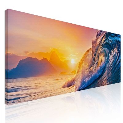 Quadro Paesaggio Mare Onde Al Tramonto Con Vista Montagne seal32 quadro stampa su tela