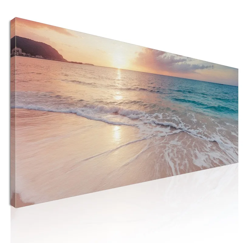 Ensemble D'Affiches Peinture Murale Moderne - Paysage Plage, Feuilles Roseau, Roses Blanches - Toile Sans Cadre