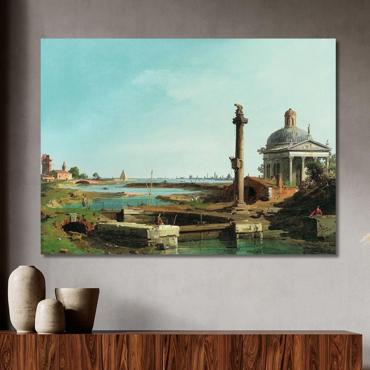 Una Serratura Una Colonna E Una Chiesa Accanto A Una Laguna Canaletto cnl2 quadro stampa su tela