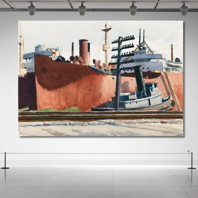 Docked Freighter And Tugboat, Nave Mercantile E Rimorchiatore Attraccati Edward Hopper