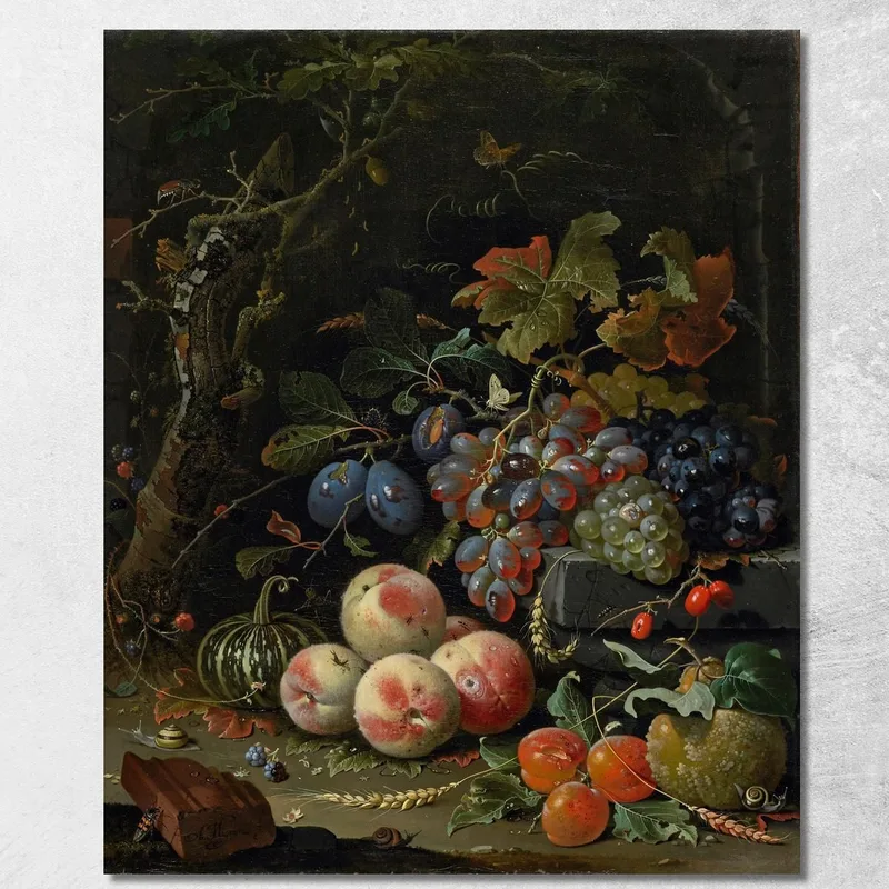Naturaleza Muerta Holandesa Con Hojas De Frutas E Insectos Abraham Mignon cuadro en lienzo