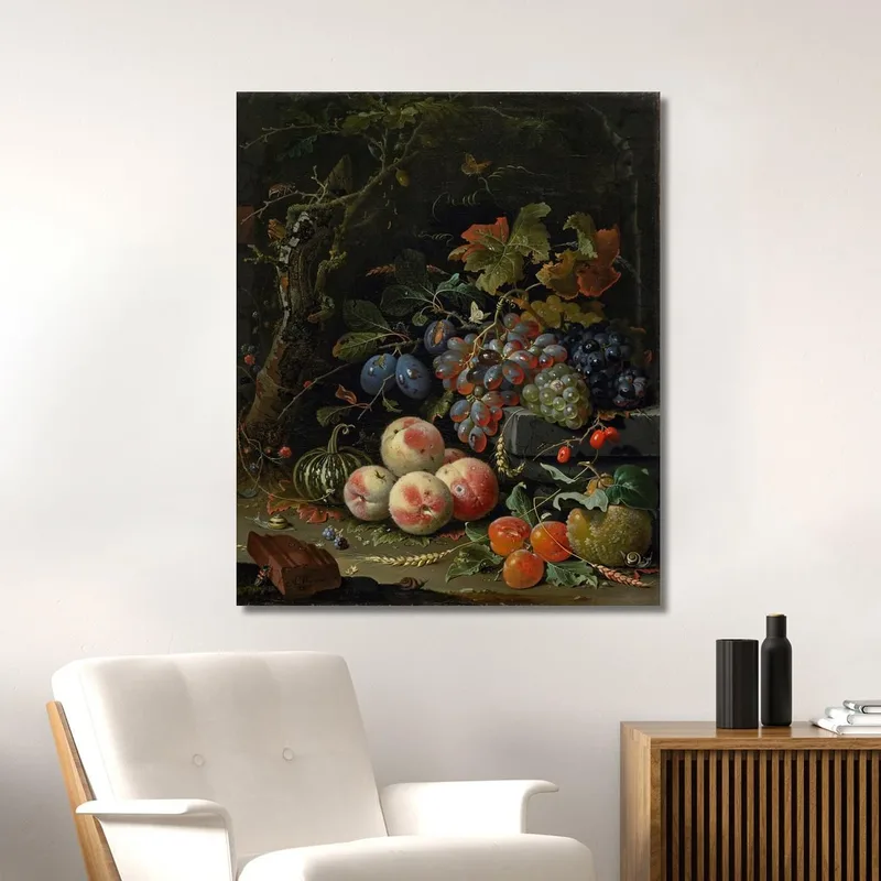 Naturaleza Muerta Holandesa Con Hojas De Frutas E Insectos Abraham Mignon