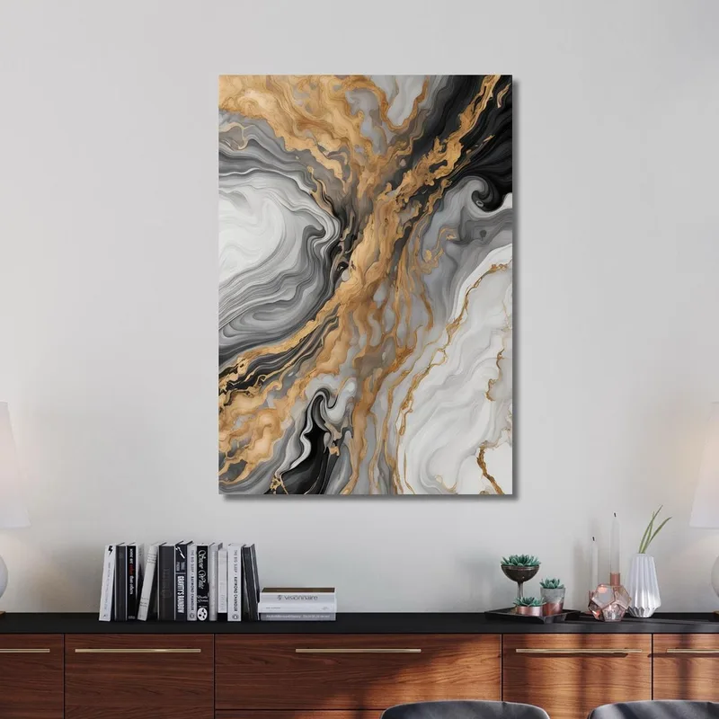Quadro Astratto Effetto Marmo Nero Oro E Bianco