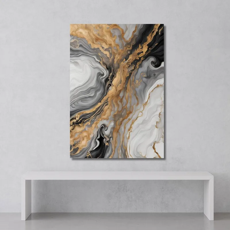 Quadro Astratto Effetto Marmo Nero Oro E Bianco