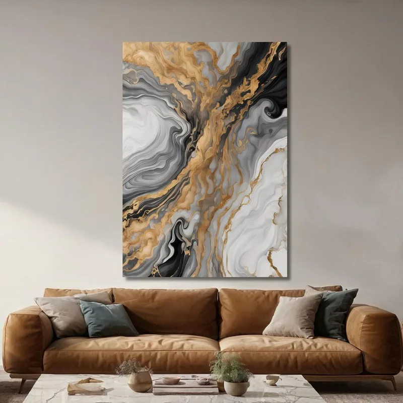 Quadro Astratto Effetto Marmo Nero Oro E Bianco