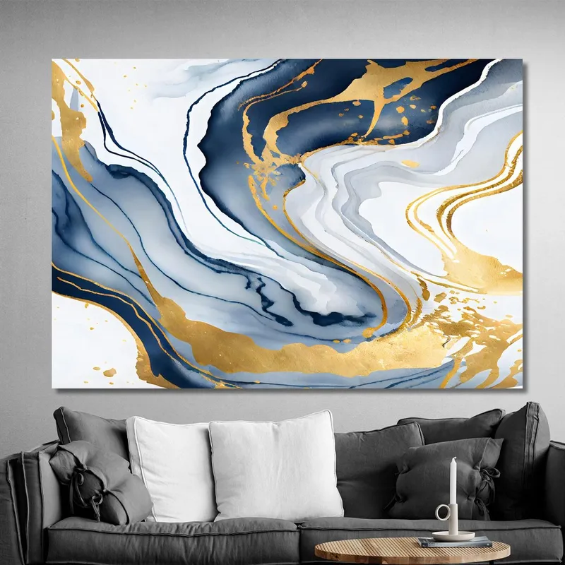 Quadro Astratto Elegante Con Sfumature Blu E Dettagli Dorati