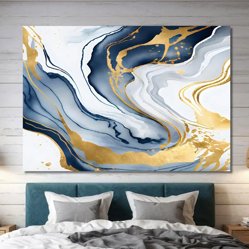Quadro Astratto Elegante Con Sfumature Blu E Dettagli Dorati