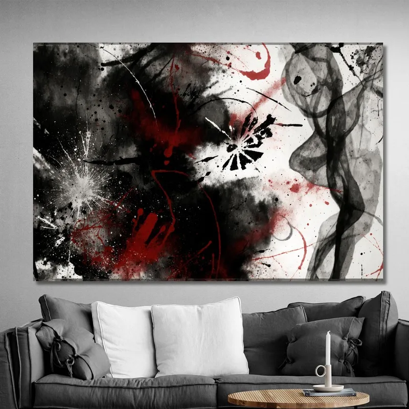 Quadro Astratto Grunge Con Schizzi Neri E Rossi Su Sfondo Bianco