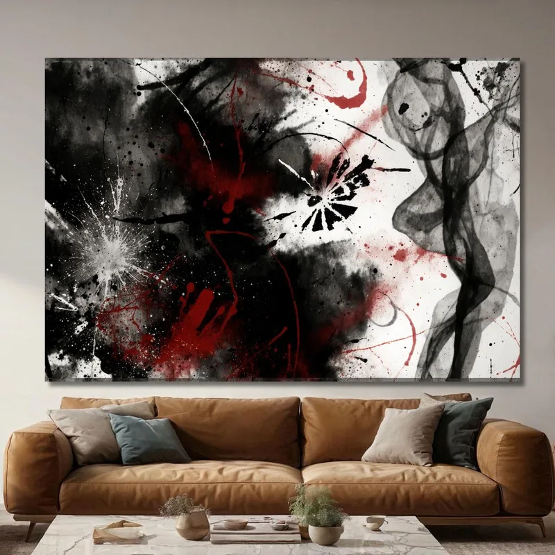 Quadro Astratto Grunge Con Schizzi Neri E Rossi Su Sfondo Bianco