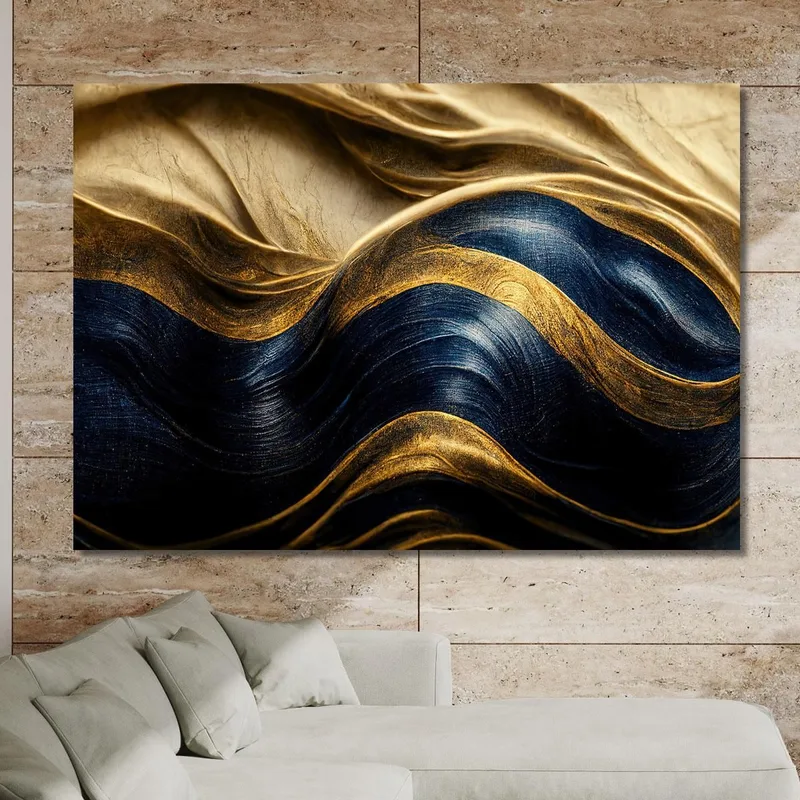 Quadro Astratto In Oro E Blu Con Texture Ondulate