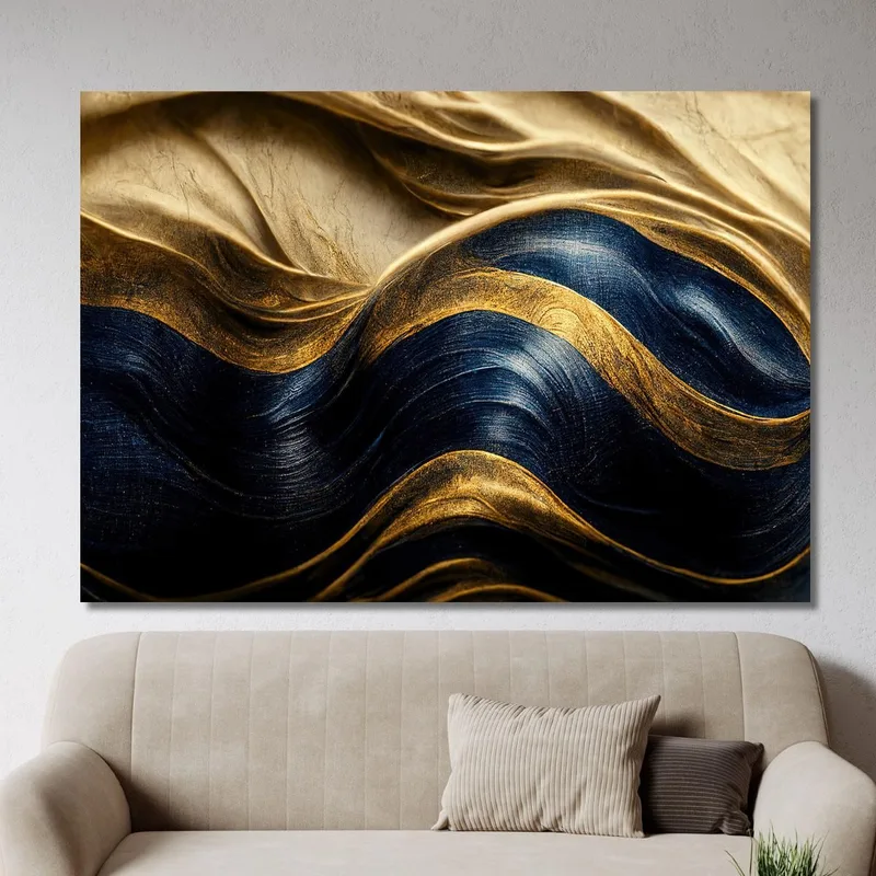 Quadro Astratto In Oro E Blu Con Texture Ondulate